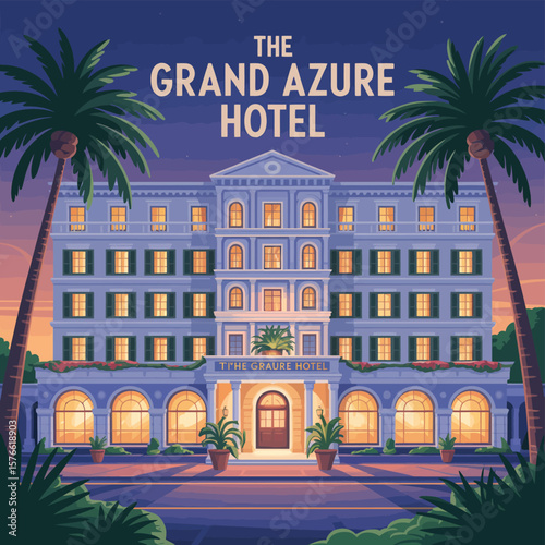Illustration of the grand azure hotel at dusk with palm trees and illuminated windows