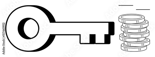 Large key next to stack of coins symbolizing access to wealth, financial security, success, and prosperity. Ideal for finance, investment, business, strategy, personal growth savings simple flat