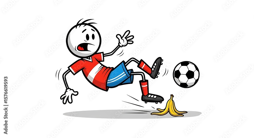 Fototapeta premium A comical illustration of a soccer player slipping on a banana peel