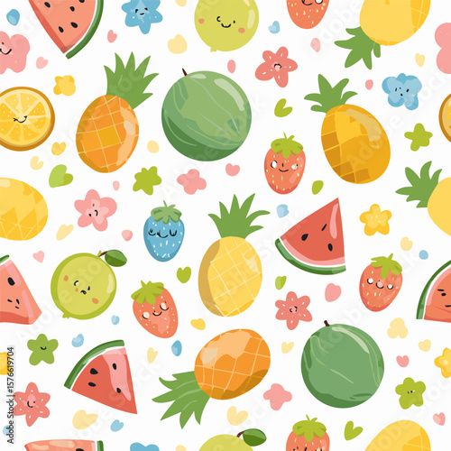 Cute seamless pattern of smiling tropical fruits and stars