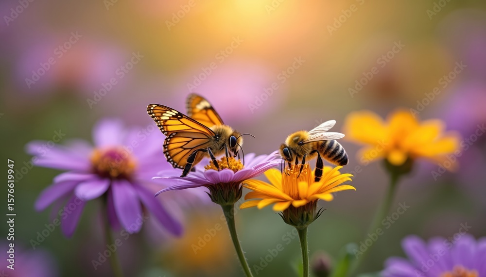 Macro shot of bee and butterfly on purple and yellow flowers collecting nectar. Delicate insects on colorful blooms in sunny meadow. Nature pollination scene, vibrant petals, soft bokeh background. Macro shot of bee and butterfly on purple and yellow flowers collecting nectar. Delicate insects on colorful blooms in sunny meadow. Nature pollination scene, vibrant petals, soft bokeh background.