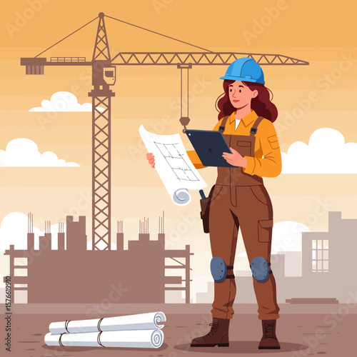 A female construction worker wearing overalls and a hard hat reviews blueprints and a tablet at a construction site with a crane and buildings in the background.