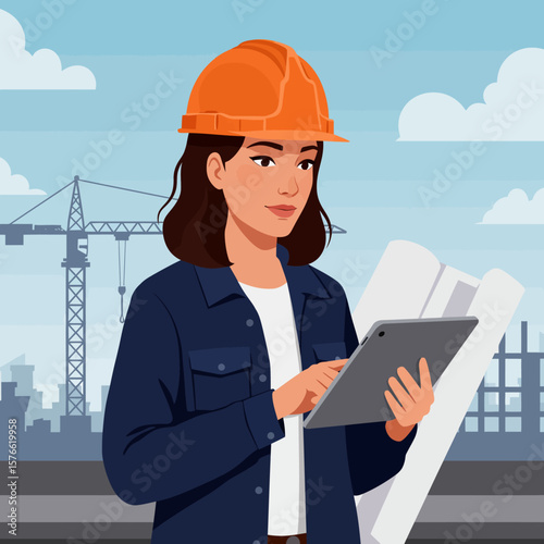 A female construction engineer confidently uses a tablet computer, reviewing blueprints at a modern construction site with cranes and buildings in the background, showcasing technological integration