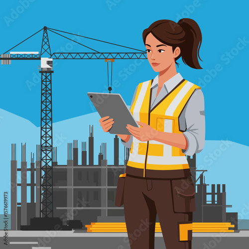 A female engineer in a high-visibility vest uses a tablet on a construction site with a large crane and building framework.