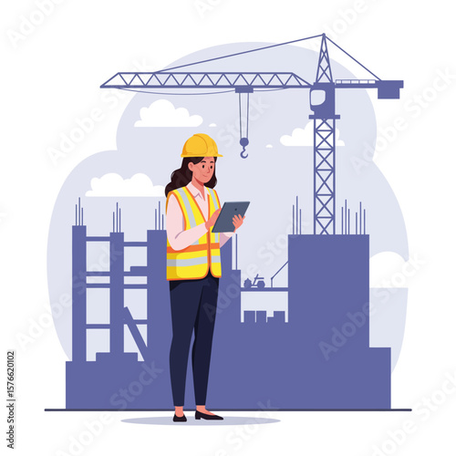 A professional female engineer in a hard hat and safety vest stands at a construction site, diligently inspecting plans on her digital tablet.