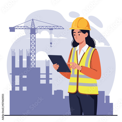 Female construction engineer in hard hat and safety vest uses tablet at building site with crane and structures.