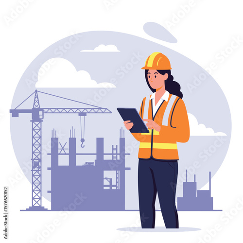 A diligent female engineer wearing a safety vest and hard hat reviews plans on a tablet at a bustling urban construction site, symbolizing progress and development.