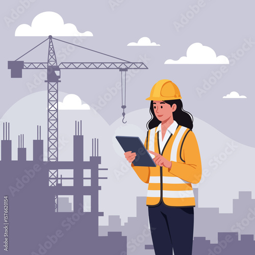 A female construction engineer uses a tablet to review blueprints at a modern building site with a crane in the background, showcasing her expertise and professionalism in the construction industry.