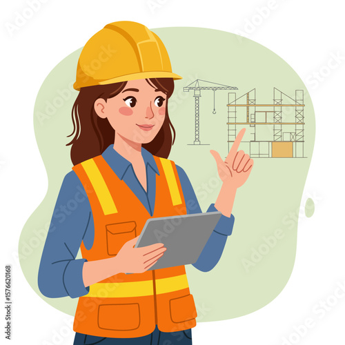 A female construction worker wearing a safety vest and hard hat uses a tablet to point at a building plan, illustrating project management and engineering.