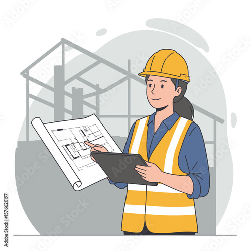 A female architect reviews blueprints at a construction site, showcasing her expertise and professionalism in the building industry.  She holds a tablet and building plans, highlighting her