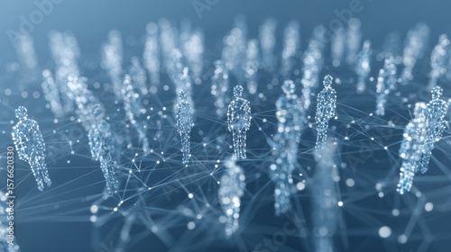 Digital representation of interconnected individuals in a virtual space illustrating network dynamics and relationships