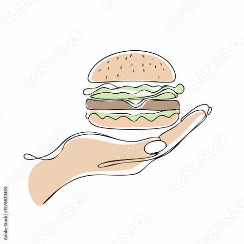 一筆書きのハンバーガーを持つ手