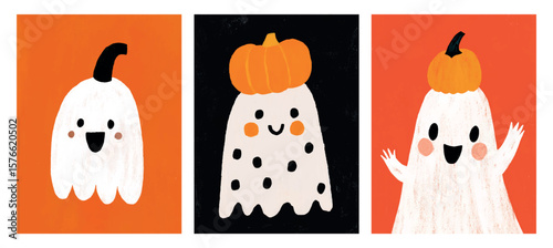 Funny halloween ghost characters wearing pumpkin hats smiling Hand drawn style illustration colorful background orange black white kids friendly spooky cute celebration autumn holiday trick treat