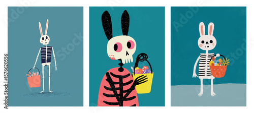 Funny bunny skeleton characters holding Halloween treat baskets playful costume spooky scary outfit Hand drawn style with candy buckets blue background holiday themed illustration for kids