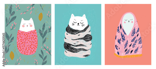 Cute white cats wrapped in cozy patterned blankets surrounded by colorful floral backgrounds minimalist style children illustration perfect for nursery decor wall art autumn winter cozy animal theme