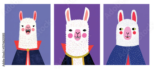 Cartoon llamas dressed as vampires with capes spooky Halloween costume funny scary animal character design isolated on purple background playful style for children seasonal decoration illustration