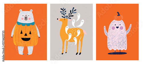 Adorable Halloween animal collection with bear in pumpkin costume, deer with floating ghosts, cute fluffy ghost with pumpkin hat on orange background in cheerful spooky Hand drawn holiday illustration