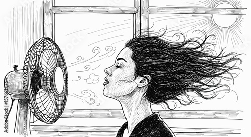 Summer heat – sketch doodle style illustration of a woman sitting in front of a fan with cool air streams and flowing hair, while the scorching sun shines through the window. Concept of global warming