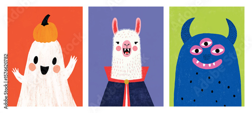 Whimsical Halloween collection of ghost with pumpkin hat, vampire llama with cape, blue monster with horns and three eyes smiling on colorful backgrounds in fun Hand drawn style for children holiday