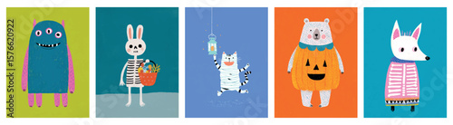 Cartoon halloween animals monster skeleton mummy bear fox dressed in costume festive kids illustration for spooky trick or treat poster invitation character design fun holiday concept