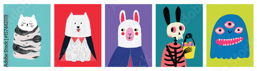 Cute Halloween animals in costume including mummy cat vampire dog llama skeleton bunny monster with three eyes colorful background spooky design for children holiday party trick or treat illustration