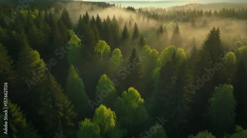 Aerial view of green forest with tall pine and deciduous trees, golden hour, natural mist, landscape ideal for nature videos, travel content, or environmental documentaries