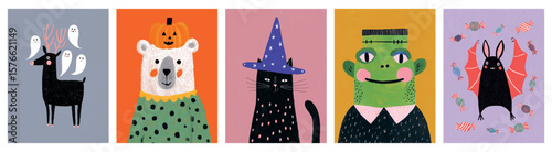 Funny Halloween characters including deer bear cat monster bunny bat with ghosts pumpkins hats vampire cloaks and spooky candies for children’s party illustration festive design colorful costume