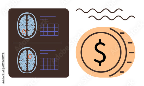 Brain scan images with highlighted sections alongside a dollar coin and wave patterns. Ideal for healthcare, finance, brain research, mental health, neuroscience, innovation, medical costs. A simple