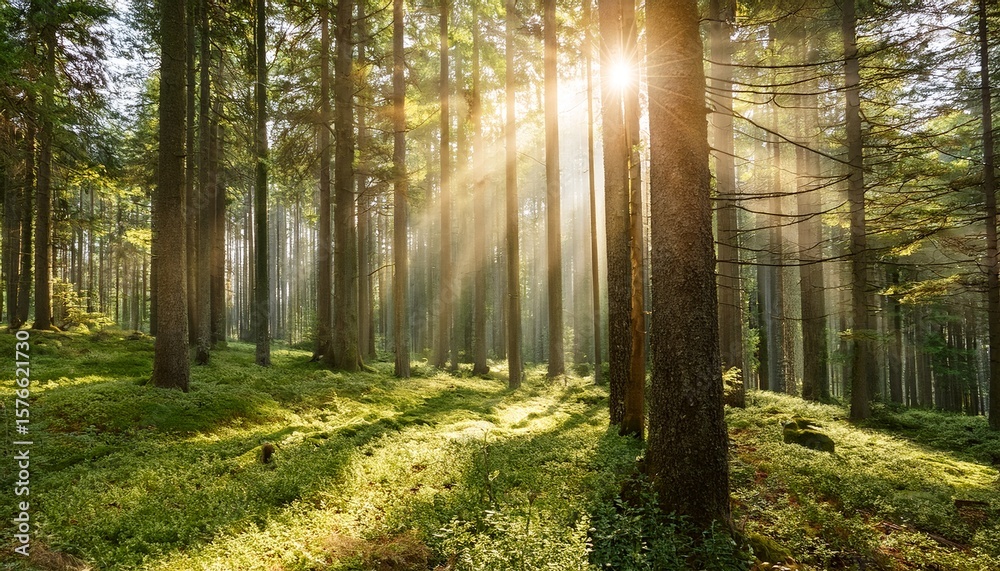 Obraz premium cinematic forest scene n sun rays shining through tall trees