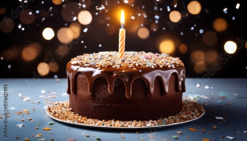 a rich chocolate birthday cake adorned with a lit candle festive sprinkles and sugar