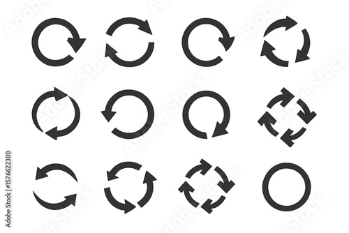 Circular arrow icon set. Refresh, reload, rotation, and loop symbols. Simple flat vector pictogram collection for web design. Modern update and sync interface button signs.