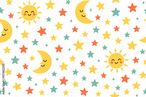 Cute sun, moon and stars seamless pattern. Kawaii celestial background. Childish baby texture for fabric, textile, wallpaper. Sweet dreams nursery decoration. Vector cartoon.