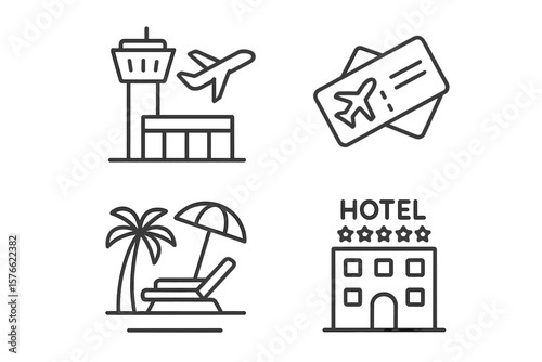 Travel vacation linear icons set. Airport flight, boarding pass ticket, beach resort, hotel accommodation symbol. Tourism holiday journey outline pictogram vector collection.