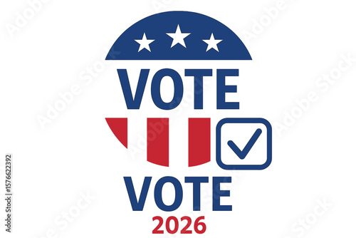 Vote 2026 USA Midterm Election icon. United States of America political campaign symbol. Patriotic American badge for voter awareness. Democracy and government ballot concept.