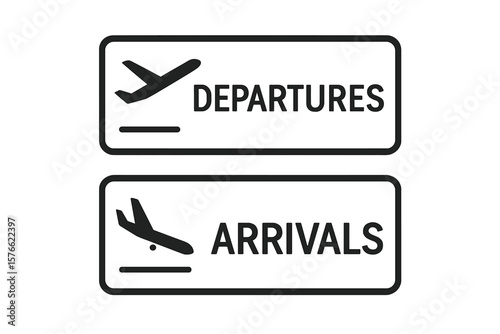 Airport signs for arrivals and departures. Vector icon set with airplane taking off and landing. Flight information symbol for travel, tourism, and transportation concept.