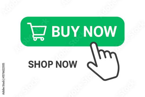 Buy now button with shopping cart icon and hand pointer cursor clicking. Shop now call to action for online shopping website or e-commerce store. Web design UI UX element.