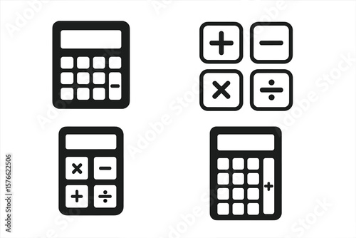 Calculator Icon Set. Modern Calculator Symbols for App, UI, Website. Vector Illustration with Plus, Minus, Multiply, Divide Buttons. Black Silhouette Isolated on White Background
