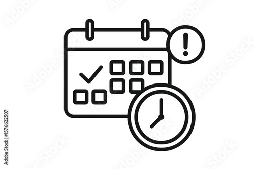 Calendar icon with clock and reminder. Time management, schedule, appointment, deadline concept. Important date, event notification and check mark. Agenda symbol vector.