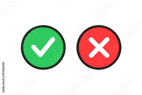 Set of buttons with tick and cross symbols, vector illustration on transparent background, check marks and cancel icons, UI elements, digital interface design, editable vector