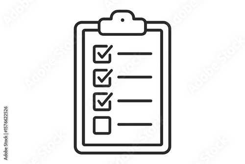 Minimalist Clipboard Checklist Icon with Checkboxes, Survey Form, Task List, To-Do Planner, Outline Vector, Transparent Background, Black Line Art, Office Organization Concept