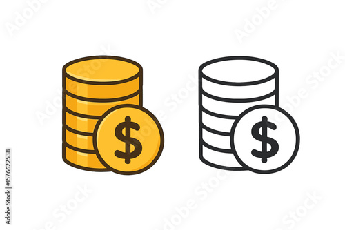 Coins stack icon set. Golden filled and black line art outline style. Dollar sign. Money, cash, currency, finance, banking, economy, payment, wealth, income concept.