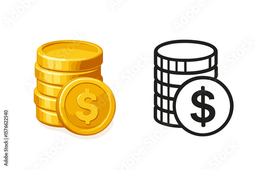 Gold coin stack 3d and line art icon set. Money dollar sign symbol. Cash treasure heap pictogram for app, game assets. Bank, finance, savings, investment, wealth vector.