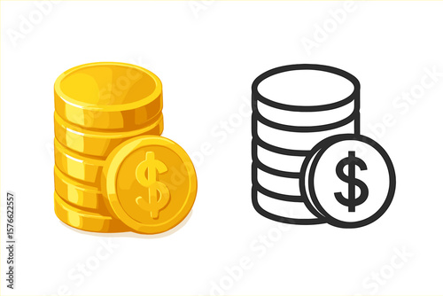 Coin stack icon with dollar sign. Golden 3d style and black outline version. Money, cash, finance, banking, currency, savings, investment, treasure, earn, profit concept.