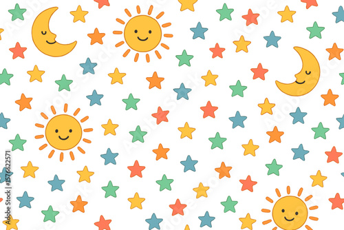 Cute Seamless Baby Pattern with Smiling Sun, Crescent Moon, Colorful Stars. Hand Drawn Sky Elements, Nursery Wallpaper, Kids Room Decor, Repeating Vector Background, White, Transparent PNG