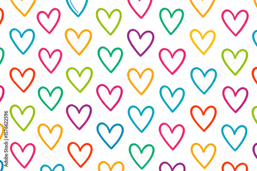 Vibrant Hand Drawn Colorful Hearts Seamless Pattern. Repeating Doodle Heart Background for Wallpaper, Wrapping Paper, Textile, Fabric, Scrapbooking, Web, Print, Vector Illustration