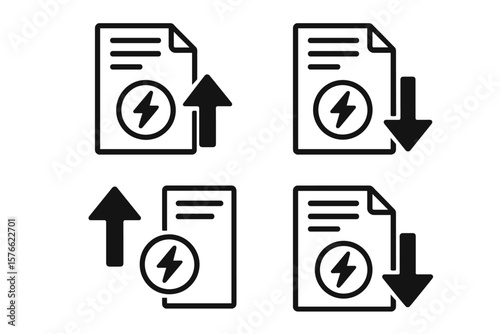 Electricity bill increase and decrease icon set. Energy power consumption cost symbol. Utility invoice price up down arrow. Vector graphic for tariff expense and payment.