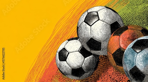 Four soccer balls on colorful background symbolizes sports and teamwork in vibrant setting