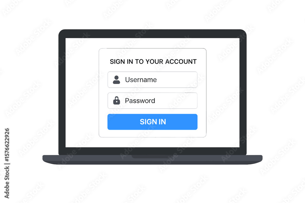 Laptop with user login form page on screen. Account authentication with username and password. Sign in to website or app. Cybersecurity, data protection, privacy concept vector. Laptop with user login form page on screen. Account authentication with username and password. Sign in to website or app. Cybersecurity, data protection, privacy concept vector.