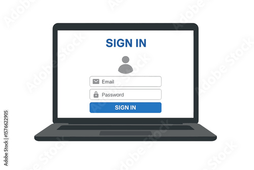 Laptop screen with user login form. Sign in page with password field for account access. Secure authentication interface concept. Computer website UI vector illustration.