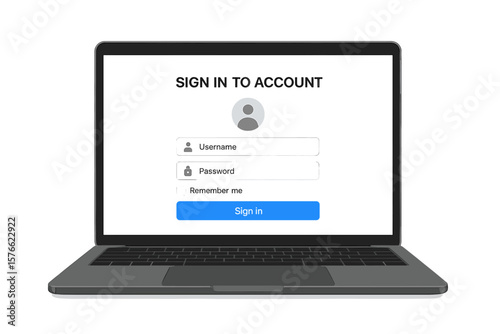 Laptop with account login and password form page on screen. Sign in to account. User authentication interface on computer display. Cybersecurity and private access concept.